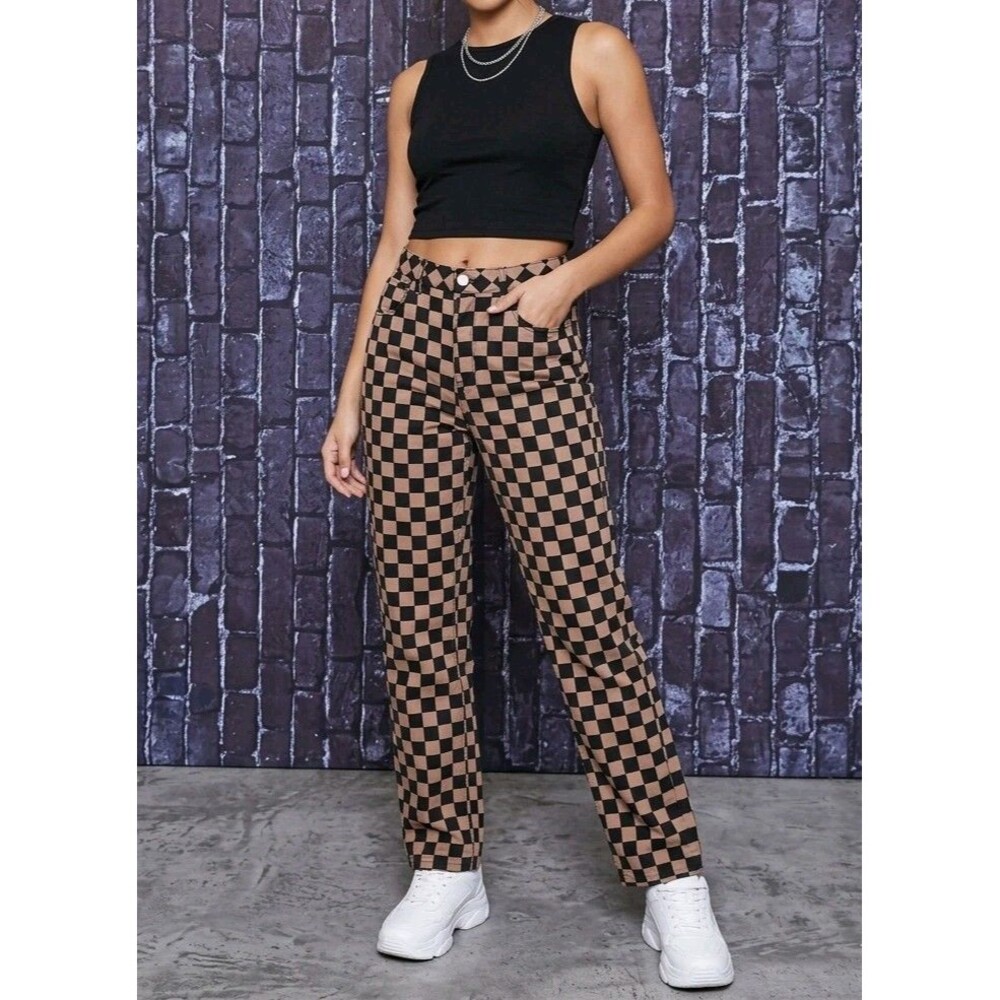 Forever 21 Straight Leg Jeans Women Size 28 Brown/Black Checkerboard Casual Wear